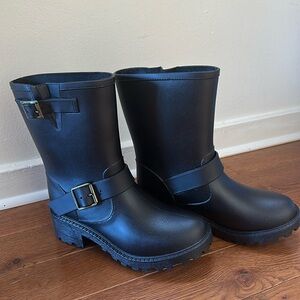 NWOB Glamorous Combat Rain Boots Black Biker Utility Classic equestrian Chic 5